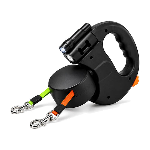 The Twin retractable dual-head dog leash in Cord Black, both leads extended with swivel clips