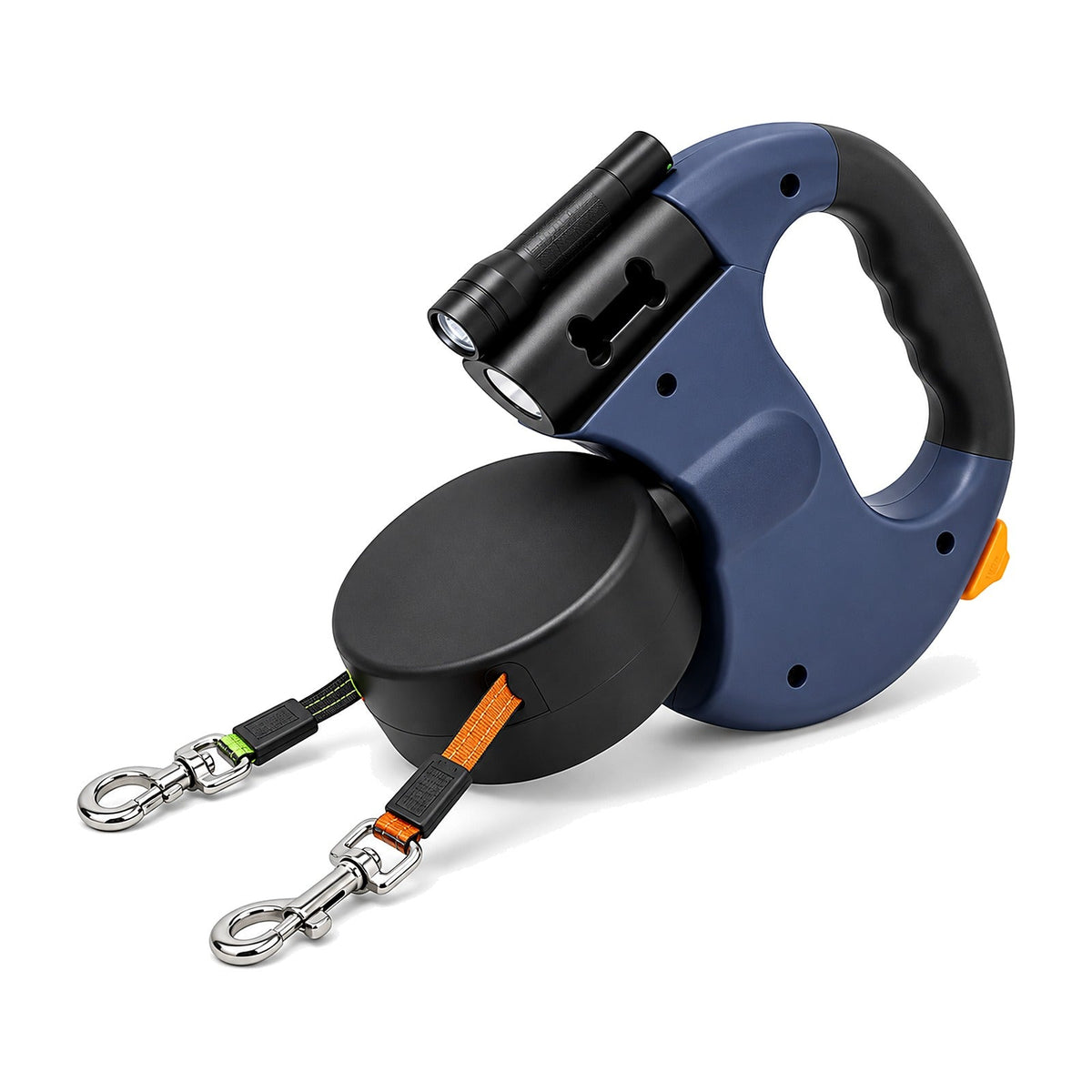 The Twin retractable dual-head dog leash in Tide Blue, both leads extended with swivel clips